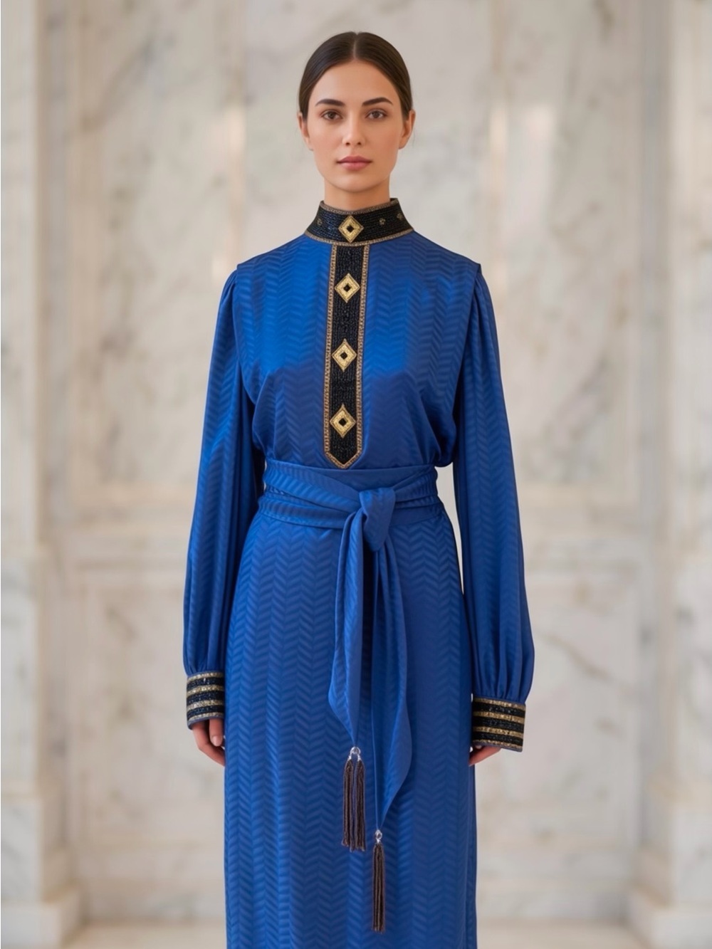 Vintage Lillie Rubin Royal Blue long Sleeve Belted Midi Dress